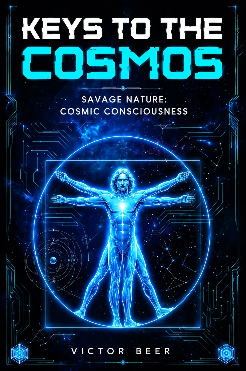 Cover of Keys to the Cosmos by Victor Beer — a glowing blue Vitruvian figure inside a circle of light, surrounded by circuitry, constellations and a deep-space nebula. Subtitle: Savage Nature — Cosmic Consciousness.