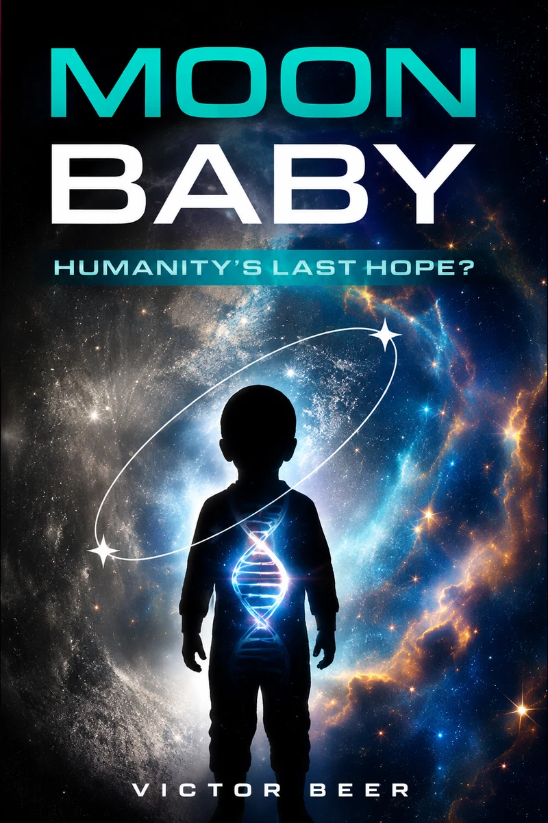 Cover of Moon Baby by Victor Beer — the silhouette of a small child standing against a bright galaxy, a strand of DNA glowing at their centre and a ring of starlight orbiting them. Subtitle: Humanity's Last Hope?